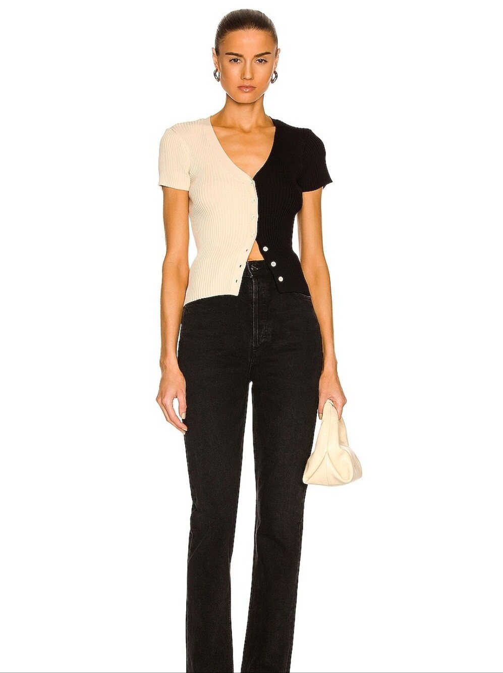 NWT Staud Short Sleeved Cargo Sweater In Buff & Black - Picture 2 of 9